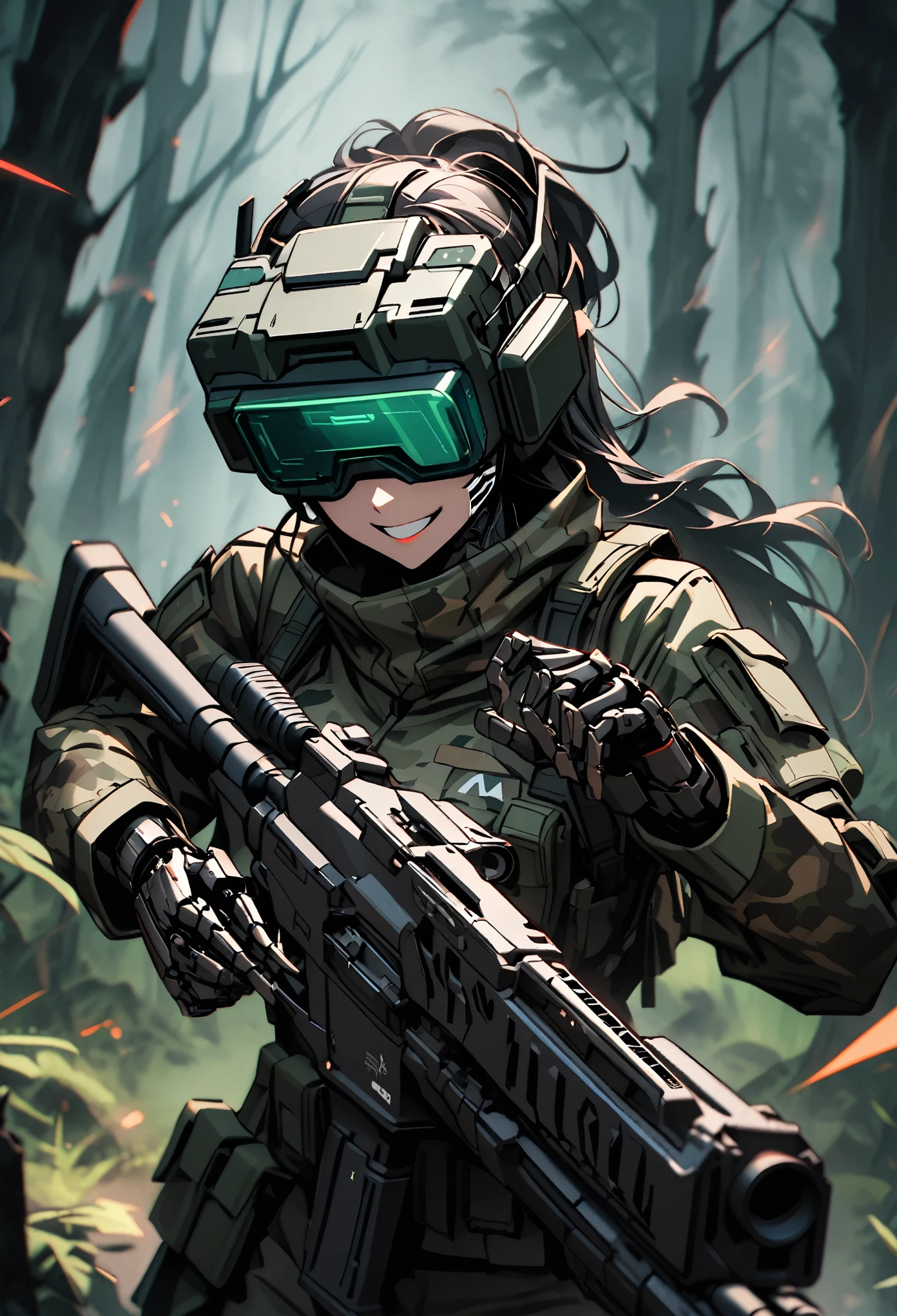 solo, female soldier, medium shot, cyborg, completely augmented, futuristic armor, dark forest, head-mounted display covering eyes, bulky futuristic rifle, camouflage, head mounted display, face painted with camouflage, smile