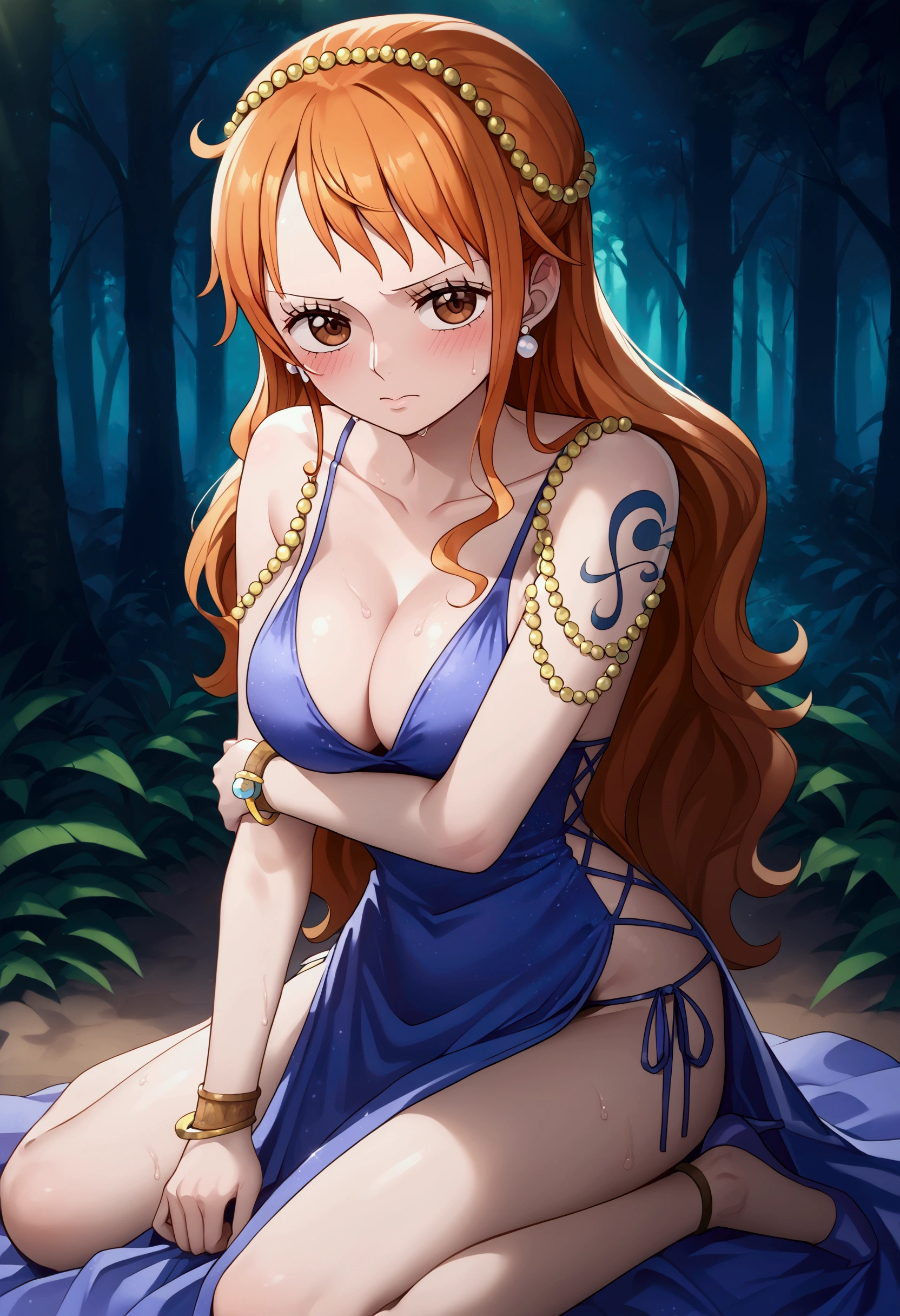 aanami, long hair, orange hair, hair ornament, earrings, brown eyes, shoulder tattoo, breasts, collarbone, bare shoulders, jewelry, beads, cleavage, evening gown, blue dress, sleeveless, bracelet, side slit, blushing, Shy, seductive pose wet with sweat, sit, seductive face, full body, Direct view, looking at viewer, forest