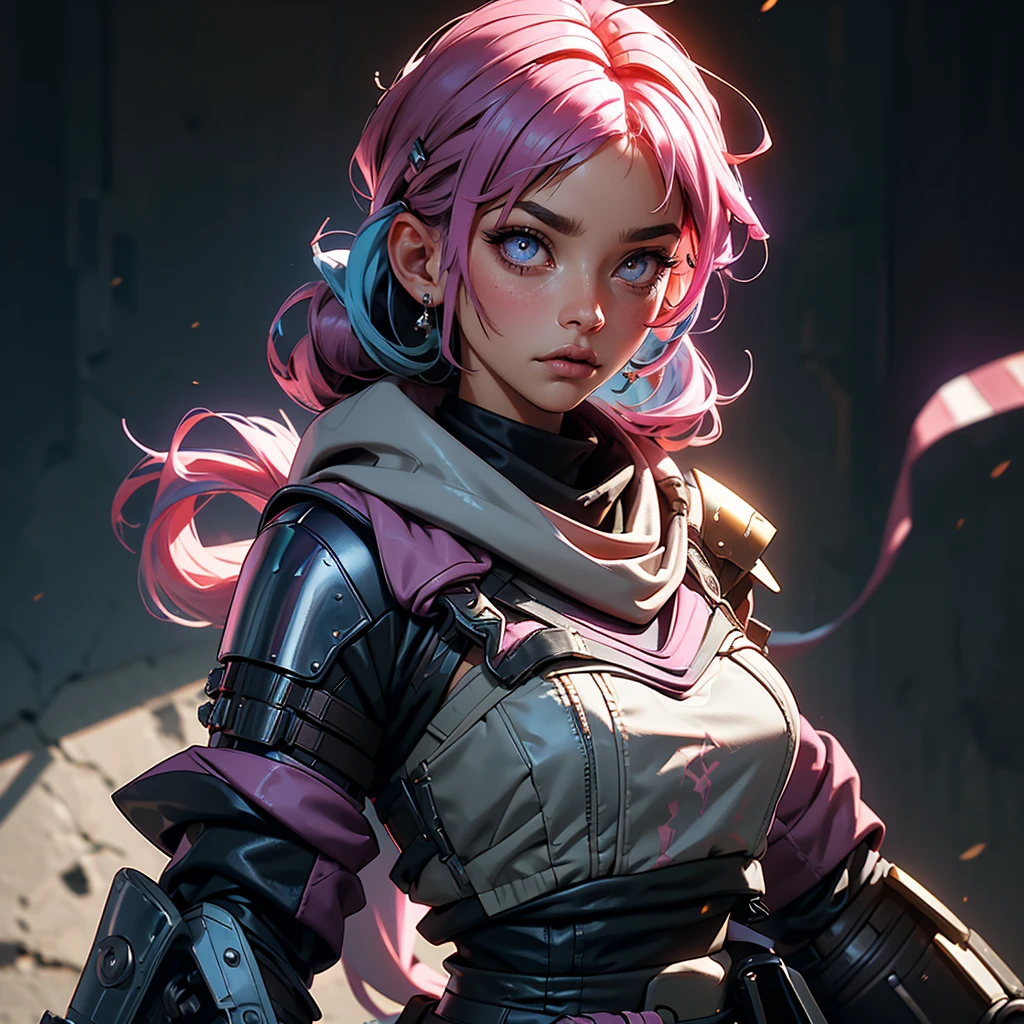 envision a 8k, highres, cinematic, beautiful close up portrait of a girl with pink hair multicolored hair, long bangs, pink eyes, Military Gear, Apex Legends, Wraith Armor, Tactical Skirt, Torn Tights, Cyberpunk armor, Purple Scarf, Long Leather Boots, in dark lighting, against a dark gray background