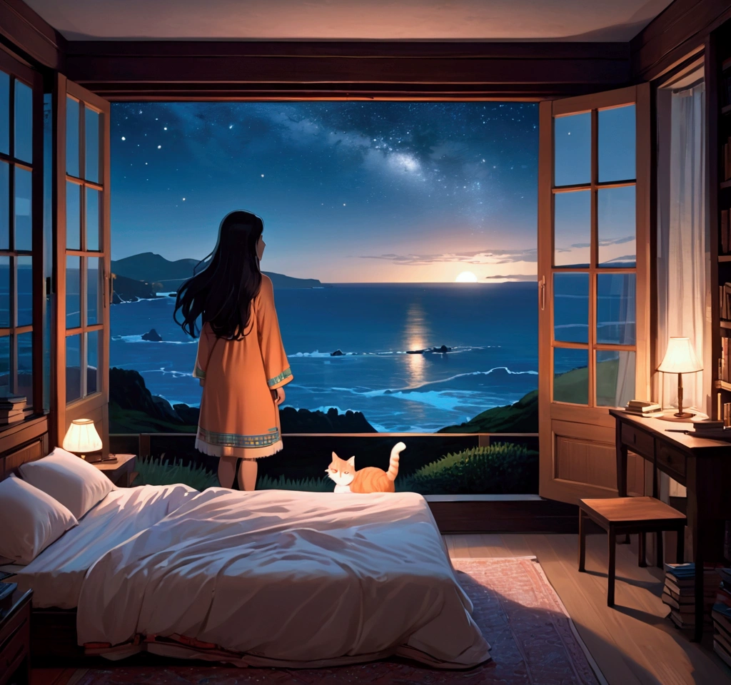 Landscape with a house near the sea, at night. Uma Huge room , in a very relaxing place, com uma window facing the sea, tall house, window facing the sea. And have a bed near the window. low lighting, practically with the light of the stars and moonlight , large room, with books, intimate furniture, and an orange fur cat looking out the window, ultra-realistc, Huge room, with a girl with her back turned in nightclothes looking out the window , long dark hair like a South American Indian