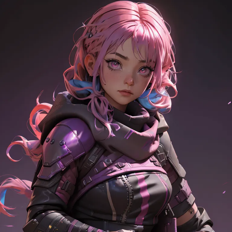 envision a 8k, highres, cinematic, beautiful close up portrait of a girl with pink hair multicolored hair, long bangs, pink eyes...