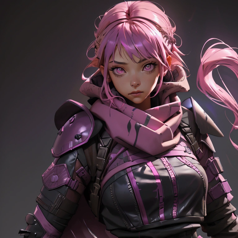 envision a 8k, highres, cinematic, beautiful close up portrait of a girl with pink hair multicolored hair, long bangs, pink eyes, Military Gear, Apex Legends, Wraith Armor, Tactical Skirt, Torn Tights, Cyberpunk armor, Purple Scarf, Long Leather Boots, in dark lighting, against a dark gray background