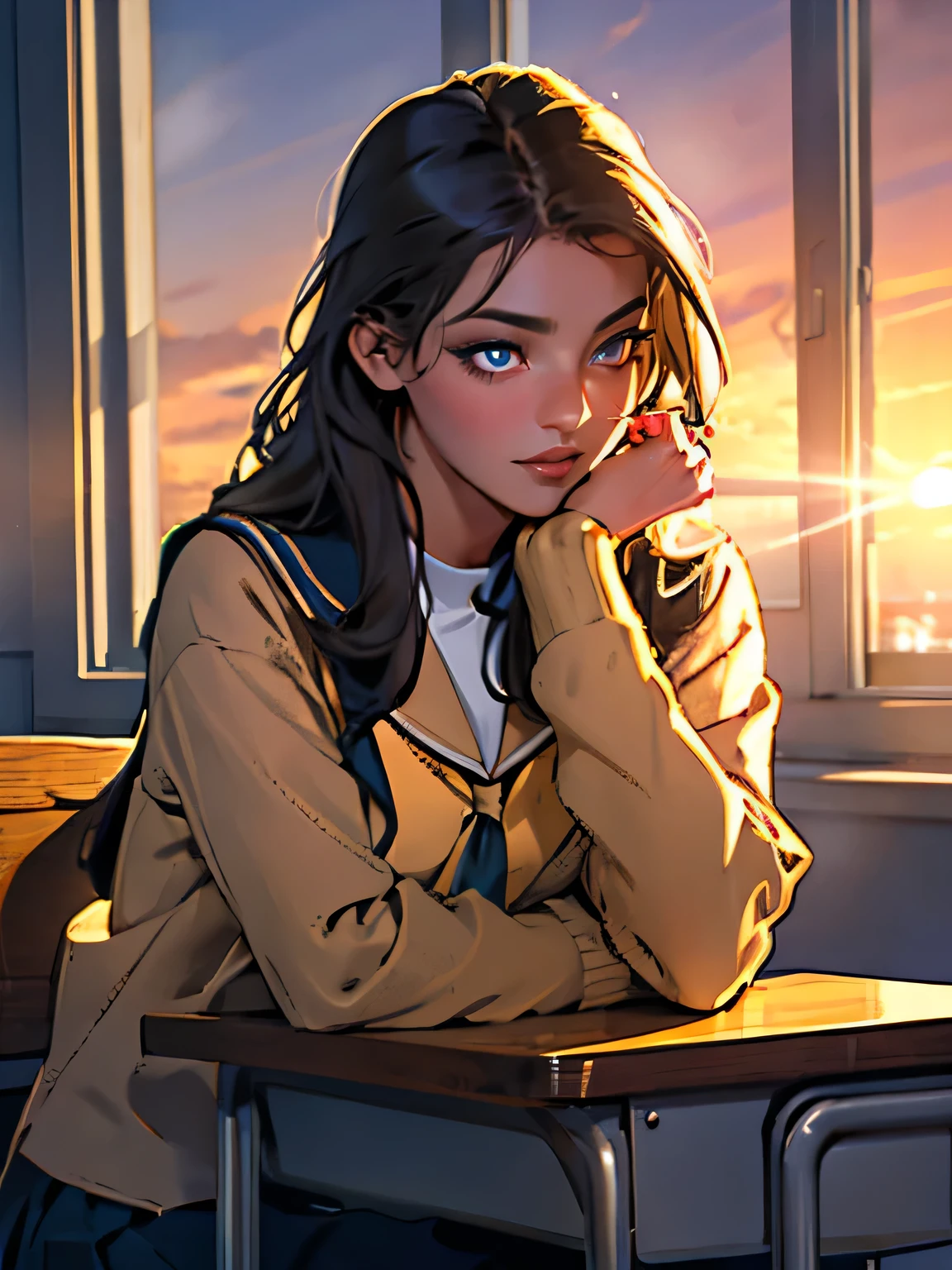 a gorgeous girl sitting at the last desk in a classroom, gazing wistfully out of the window at the sunset, beautiful detailed eyes, beautiful detailed lips, extremely detailed eyes and face, long eyelashes, school uniform, serene expression, sunlight streaming through window, warm golden sunset colors, detailed background, photorealistic, 8k, highres, masterpiece