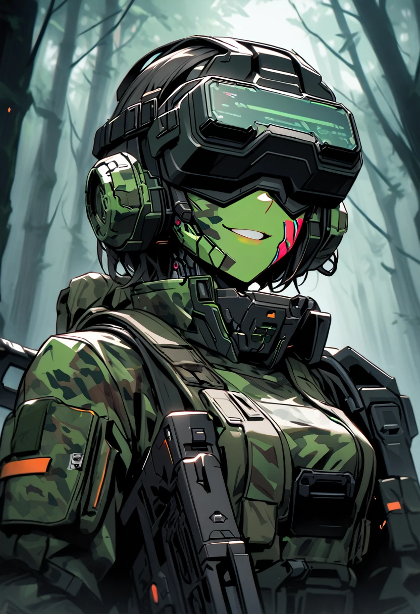 solo, female soldier, medium shot, cyborg, completely augmented, futuristic armor, dark forest, head-mounted display covering eyes, bulky futuristic rifle, camouflage, head mounted display, face painted with camouflage, smile