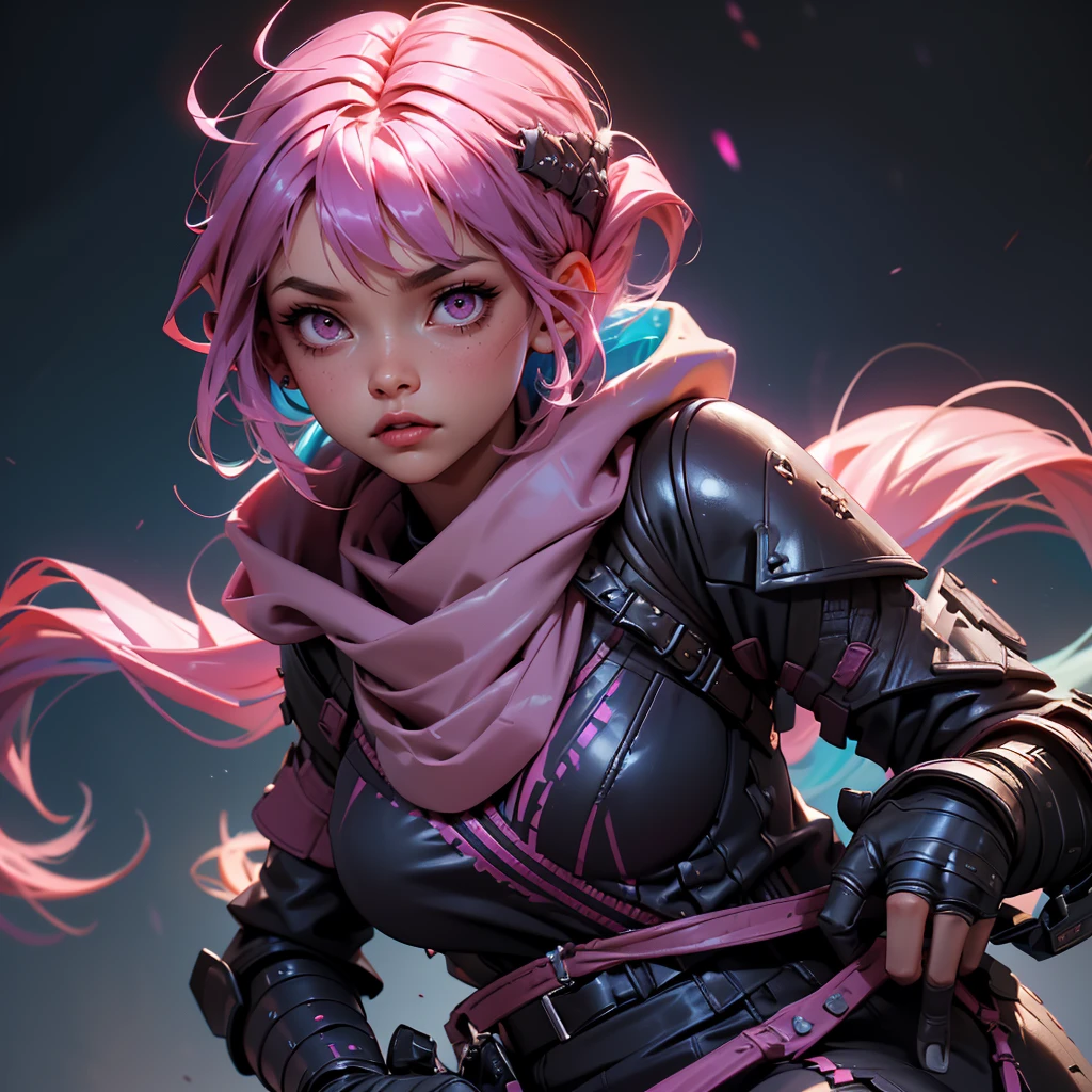 envision a 8k, highres, cinematic, beautiful close up portrait of a girl with pink hair multicolored hair, long bangs, pink eyes, Military Gear, Apex Legends, Wraith Armor, Tactical Skirt, Torn Tights, Cyberpunk armor, Purple Scarf, Long Leather Boots, in dark lighting, against a dark gray background