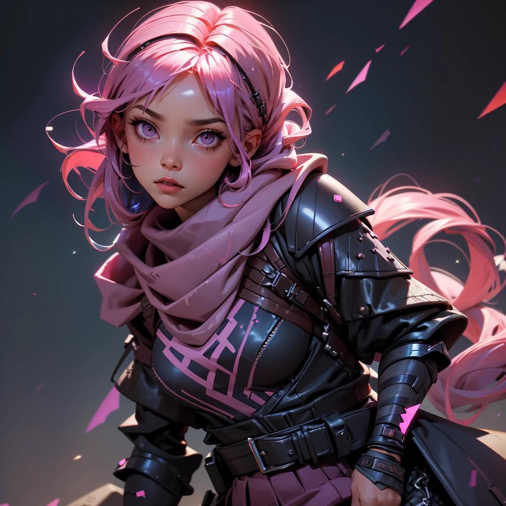 envision a 8k, highres, cinematic, beautiful close up portrait of a girl with pink hair multicolored hair, long bangs, pink eyes, Military Gear, Apex Legends, Wraith Armor, Tactical Skirt, Torn Tights, Cyberpunk armor, Purple Scarf, Long Leather Boots, in dark lighting, against a dark gray background