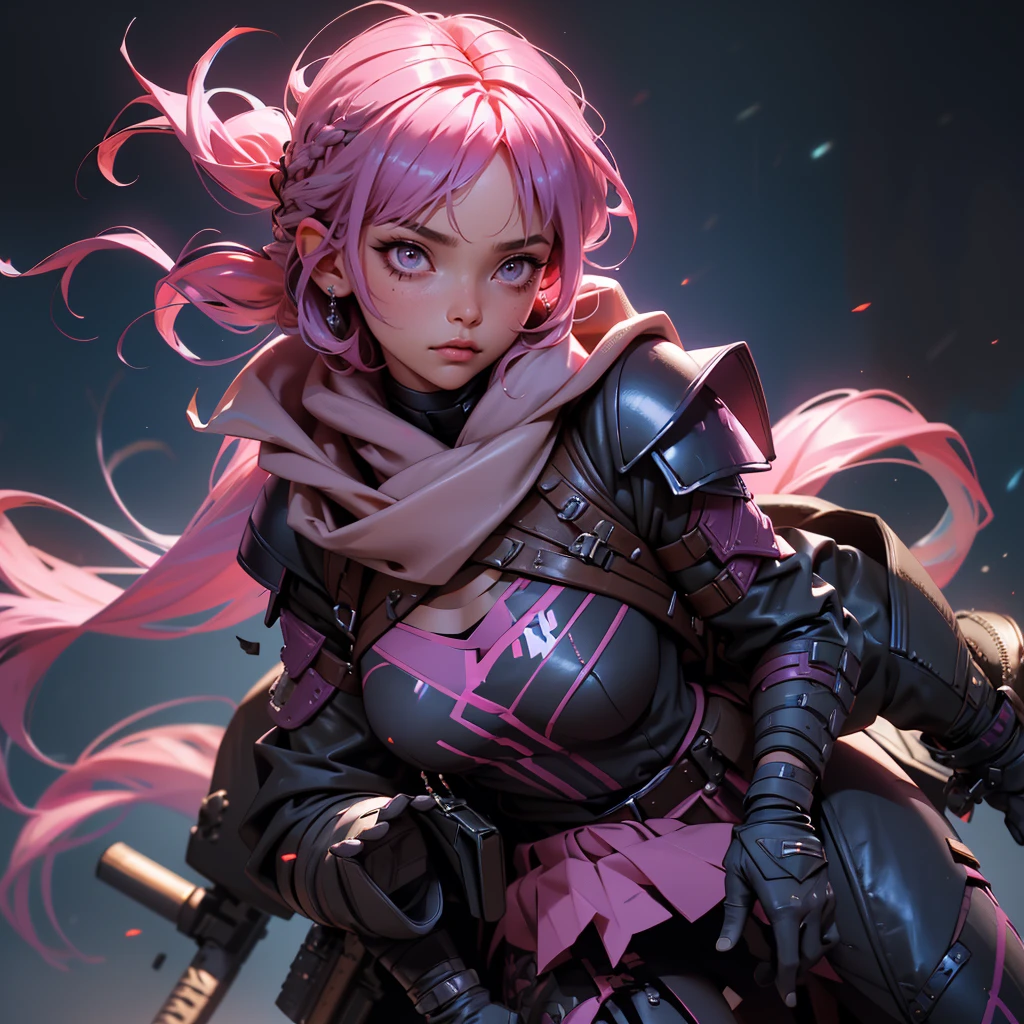 envision a 8k, highres, cinematic, beautiful close up portrait of a girl with pink hair multicolored hair, long bangs, pink eyes, Military Gear, Apex Legends, Wraith Armor, Tactical Skirt, Torn Tights, Cyberpunk armor, Purple Scarf, Long Leather Boots, in dark lighting, against a dark gray background