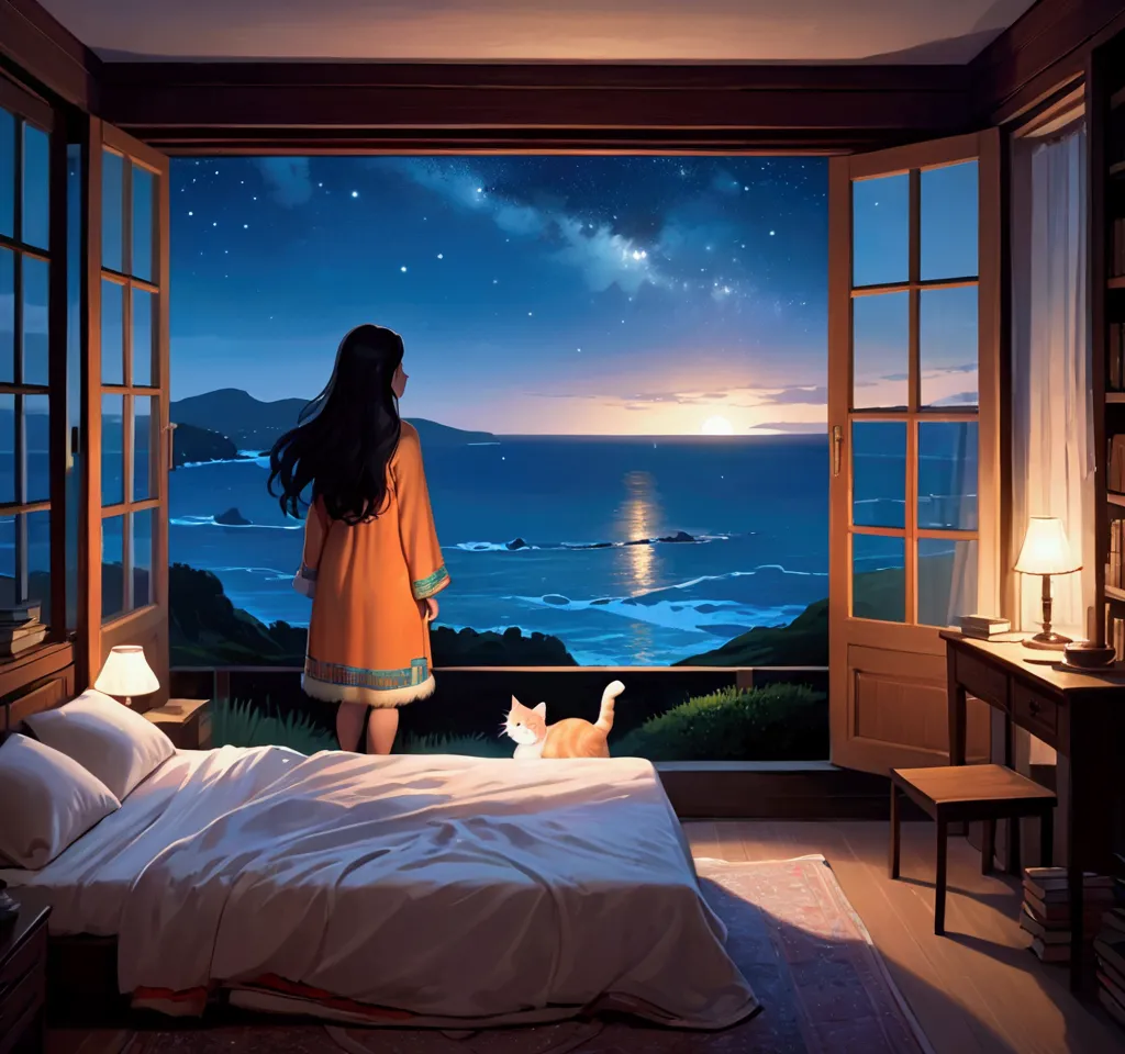 fotografia ultra-realistc: landscape with a house near the sea, at night. uma huge room , in a very relaxing place, com uma wind...