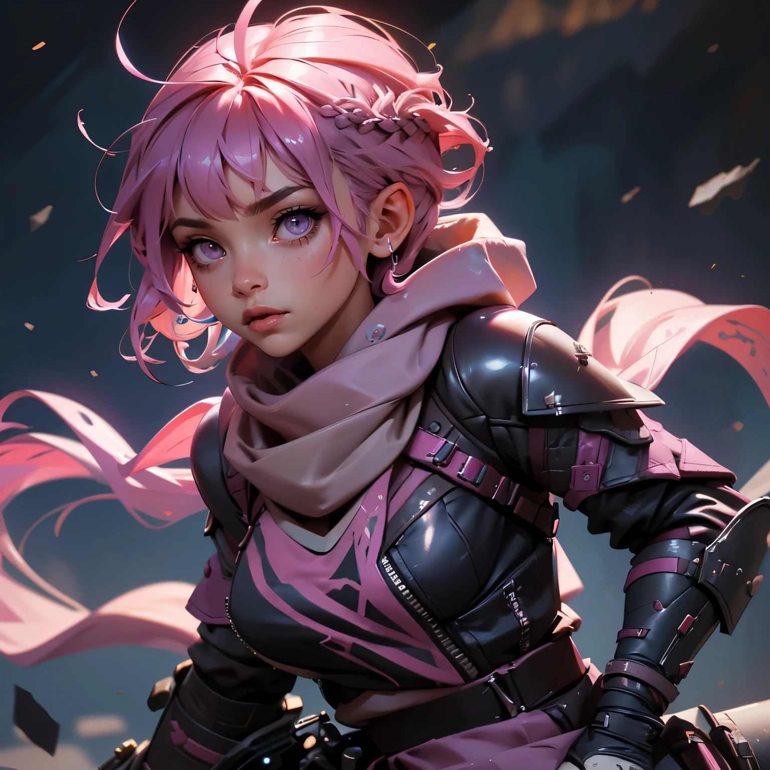 envision a 8k, highres, cinematic, beautiful close up portrait of a Woman with pink hair multicolored hair, long bangs, pink eyes, Military Gear, Apex Legends, Wraith Armor, Tactical Skirt, Torn Tights, Cyberpunk armor, Purple Scarf, Long Leather Boots, in dark lighting, against a dark gray background