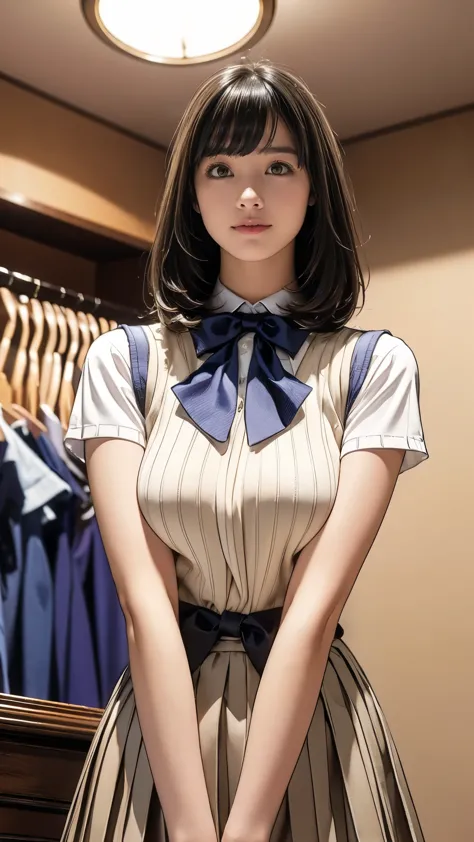 (masterpiece:1.2, Highest quality), (Realistic, photoRealistic:1.4), (Large Breasts:1.5), Beautiful illustrations, (Natural Side Lighting, Cinema Lighting), Written boundary depth, Looking at the audience, (Face Focus, Upper Body), Front view, 1 girl, Japanese, high school girl, , Perfect Face, Symmetrical cute face, Glowing Skin, (Bob Hair:1.7,Black Hair), Asymmetrical bangs, Big eyes, Droopy eyes, long eyelashes chest), thin, Beautiful Hair, Beautiful Face, Beautiful and beautiful eyes, Beautiful clavicle, Beautiful body, Beautiful breasts, Beautiful thighs, Beautiful feet, Beautiful fingers, ((Quality fabric texture, Knitted Vest, Short sleeve shirt, Pleated skirt, A bow tie)), (Beautiful views), evening, (Inside the flower shop), Are standing, (smile, Excellent, Open your mouth), (From below:1.5),(Poor horizon:1.5), (From below)