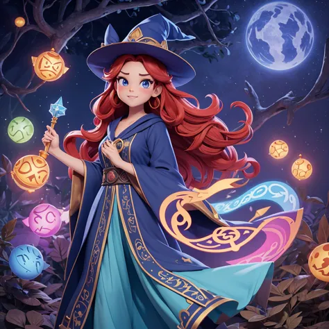 create a witch, a wise and playful feminine character with a robe full of mathematical symbols. she's standing in a vibrant fore...