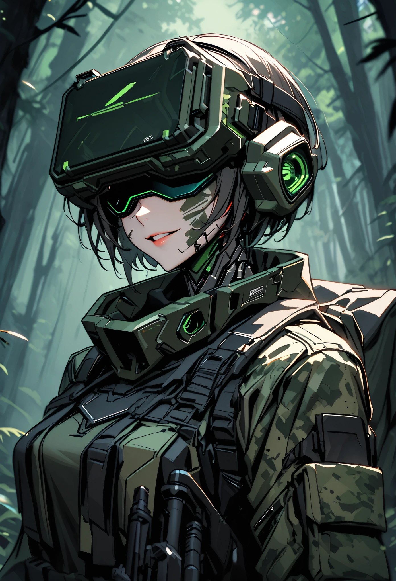 solo, female soldier, medium shot, cyborg, completely augmented, futuristic armor, dark forest, head-mounted display covering eyes, bulky futuristic rifle, camouflage, head mounted display, face painted with camouflage, smile