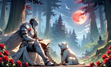 male knight with a white hood with polar bear ears and a sword behind his back sits towards a baby polar bear and a baby brown b...