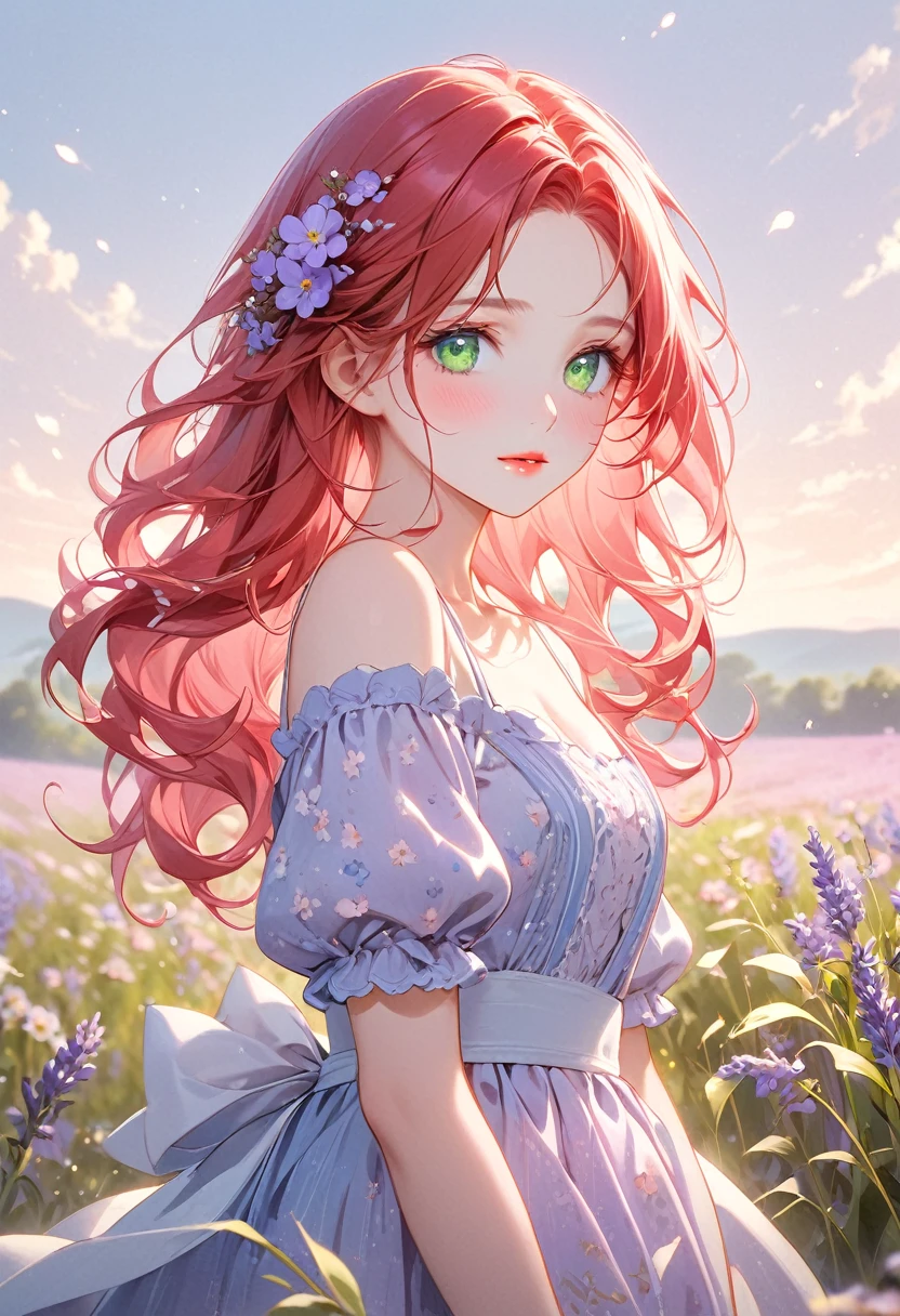 Portrait of a woman with an ethereal and delicate look. She has long red hair, slightly wavy, that fall softly on the shoulders. She has an innocent expression and a petite and mignon body. Her vibrant green eyes contrast subtly with her fair, slightly pink skin.. Makeup is minimalist, highlighting the cheeks with a touch of rosy blush and lips in a soft shade of pink. She wears a bucolic blue flowery dress, with a pattern of small flowers in soft tones, like lavender, pale pink and cream. The dress has a romantic cut, with puffed sleeves and a subtly square neckline. She is standing in a vast field of wildflowers, surrounded by a variety of flowers in soft tones. The horizon is slightly blurred, creating a sense of depth, while the soft lighting enhances the serenity and beauty of the setting.