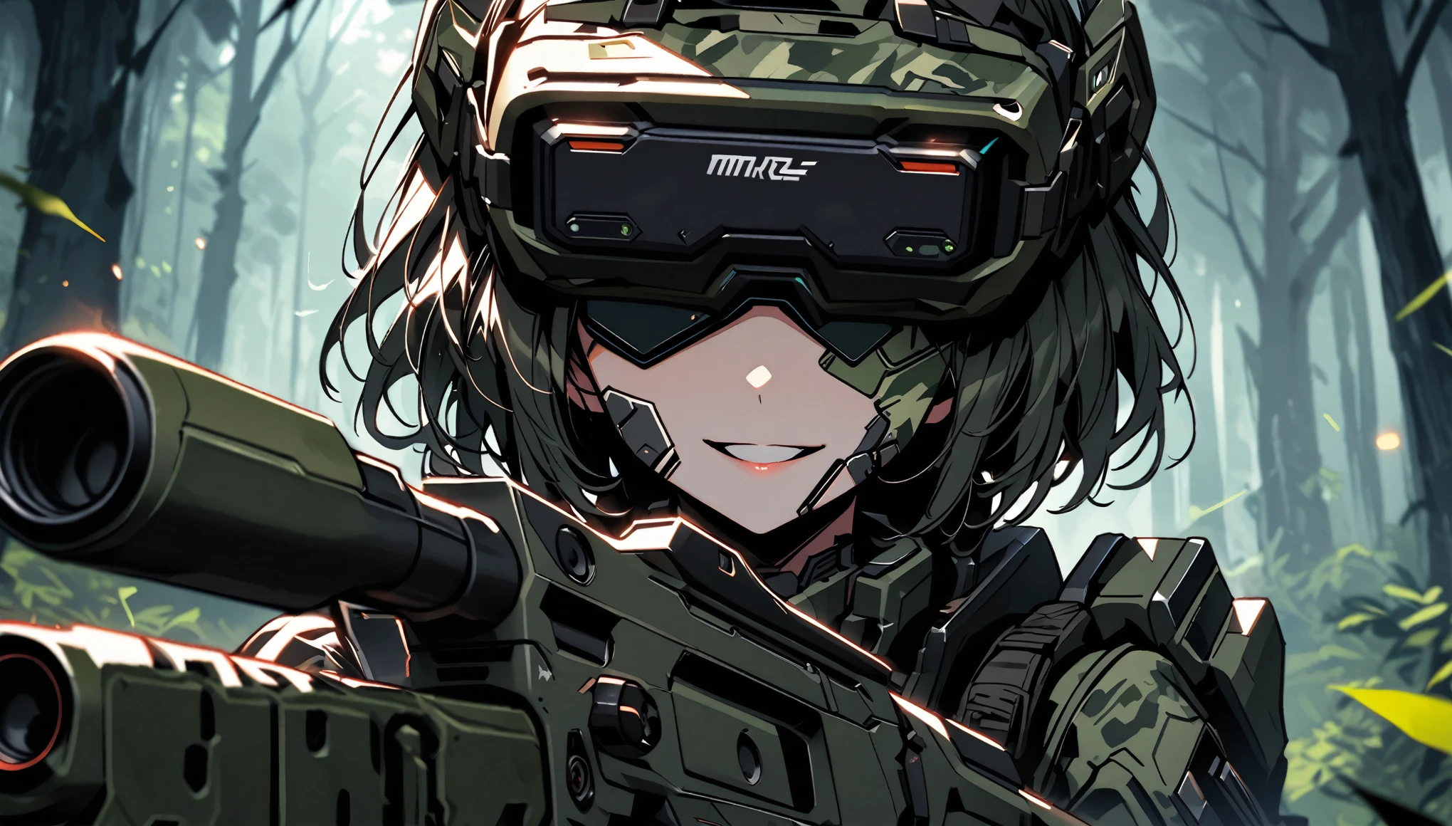 solo, female soldier, medium shot, cyborg, completely augmented, futuristic armor, dark forest, head-mounted display covering eyes, bulky futuristic rifle, camouflage, head mounted display, face painted with camouflage, smile