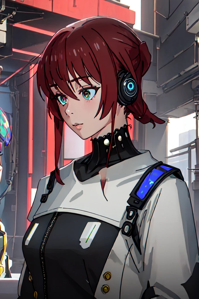 A woman wearing headphones stands next to a robot, Cyberpunk Art by Jason A. Engle, society, retrofuturism, Ilya Kuvshinov, sf, Futuristic, Vibrant, photoRealistic, Realistic, dramatic, Cinema Lighting, Sharp focus, 8k