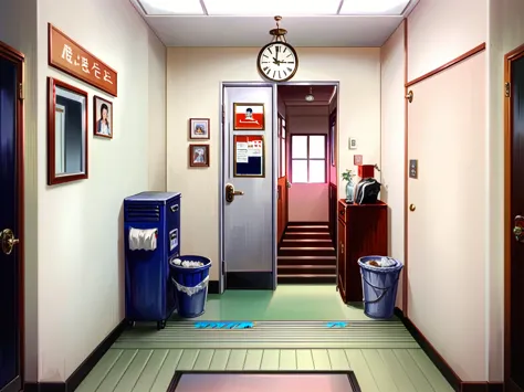 there is a door in a hallway with a trash can and a trash can, in a japanese apartment, interior background art, elevator, hallw...