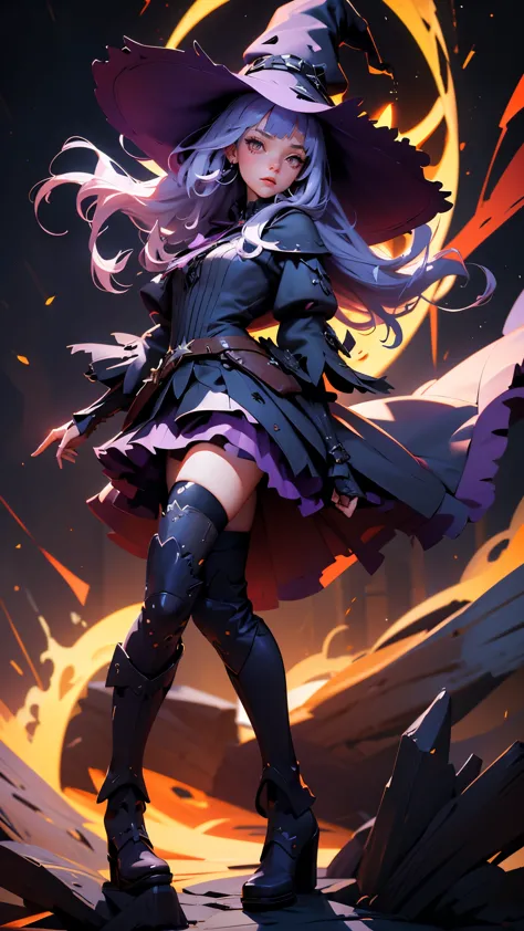 envision a 8k, highres, cinematic, beautiful full body splash art of a lady with light purple hair, long bangs, orange eyes, wit...