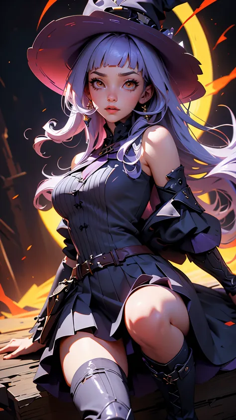 envision a 8k, highres, cinematic, beautiful full body splash art of a lady with light purple hair, long bangs, orange eyes, wit...