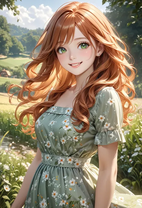 a smiling girl, ginger haired, long wavy hair, innocent expression, piercing green eyes,wearing bucolic floral dress, masterpiec...