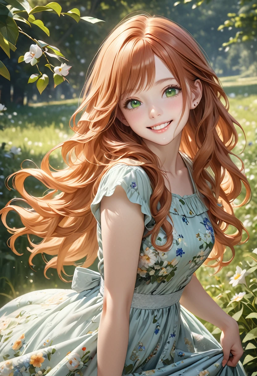 A smiling girl, ginger haired, long wavy hair, innocent expression, piercing green eyes,wearing bucolic floral dress, masterpiece, best quality, 1girl, dynamic, realistic, photo-realistic, 8k, highly detailed, intricated textures on the dress