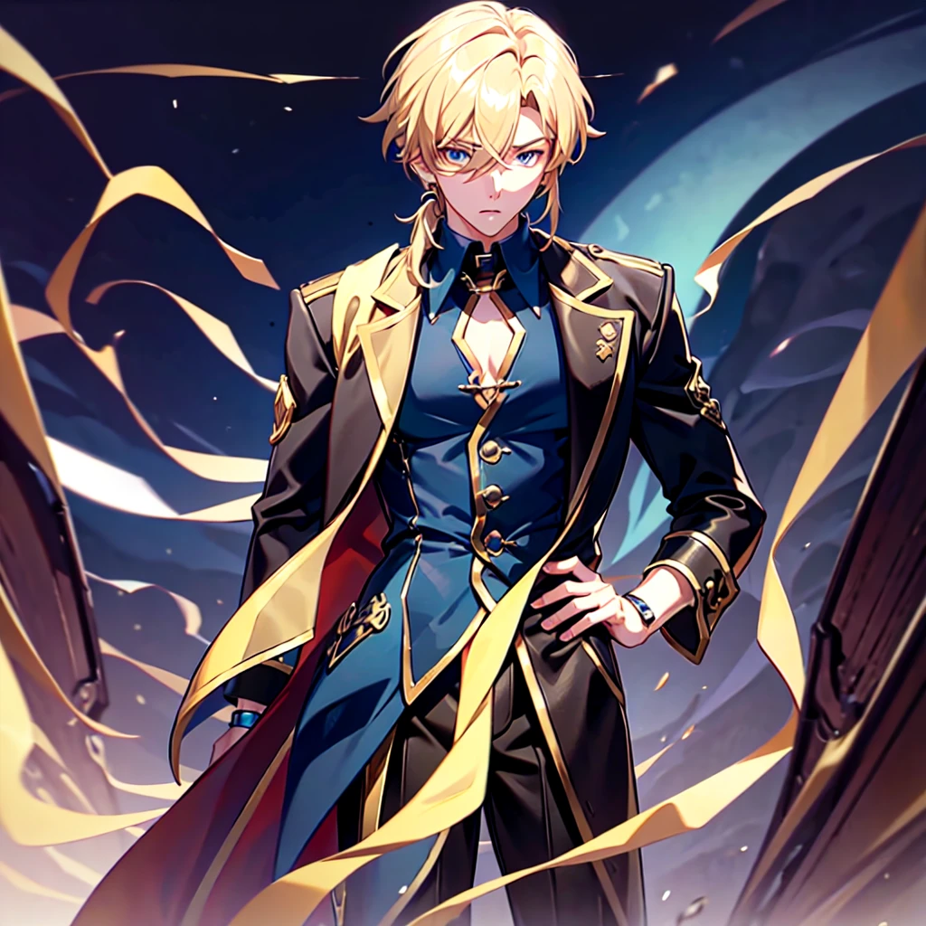 Anime attractive man, 20 year old, blonde hair, very very short ponytail, tall, muscular, solo, one person, dark blue gold-accented high-collared dress shirt with rolled up sleeves, black choker, dark blazer with gold lining and buttons unbuttoned with rolled up sleeves, long dark overcoat with a fur trim, rolled up sleeves, rolled up sleeves, rolled up sleeves, rolled up sleeves muscular, masculine face.