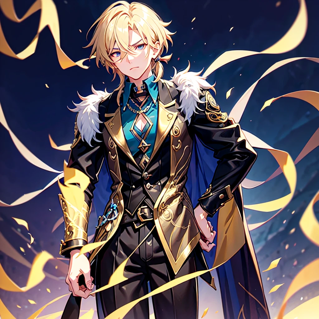 Anime attractive man, 20 year old, blonde hair, very very short ponytail, tall, muscular, solo, one person, dark blue gold-accented high-collared dress shirt with rolled up sleeves, black choker, dark blazer with gold lining and buttons unbuttoned with rolled up sleeves, long dark overcoat with a fur trim, rolled up sleeves, rolled up sleeves, rolled up sleeves, rolled up sleeves muscular, masculine face.