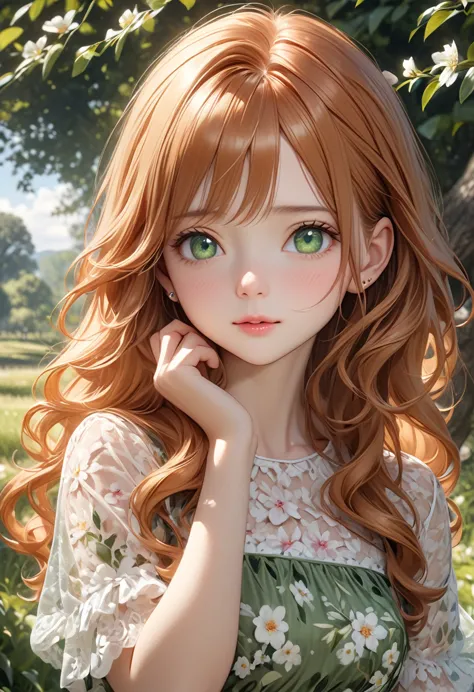 a shy girl, ginger haired, long wavy hair, innocent expression, piercing green eyes,wearing bucolic floral dress, masterpiece, b...