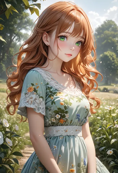 a shy girl, ginger haired, long wavy hair, innocent expression, piercing green eyes,wearing bucolic floral dress, masterpiece, b...