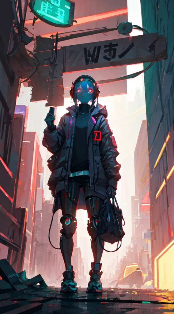 A cyberpunk robot looking at the camera, in the background a neon city
