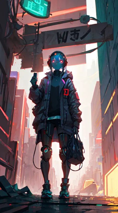 a cyberpunk robot looking at the camera, in the background a neon city