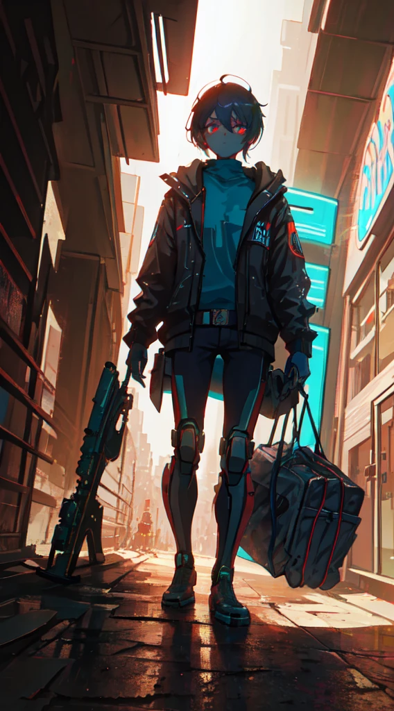 A cyberpunk robot looking at the camera, in the background a neon city, details of the well-developed robot, aggressive and detailed art style, deep light