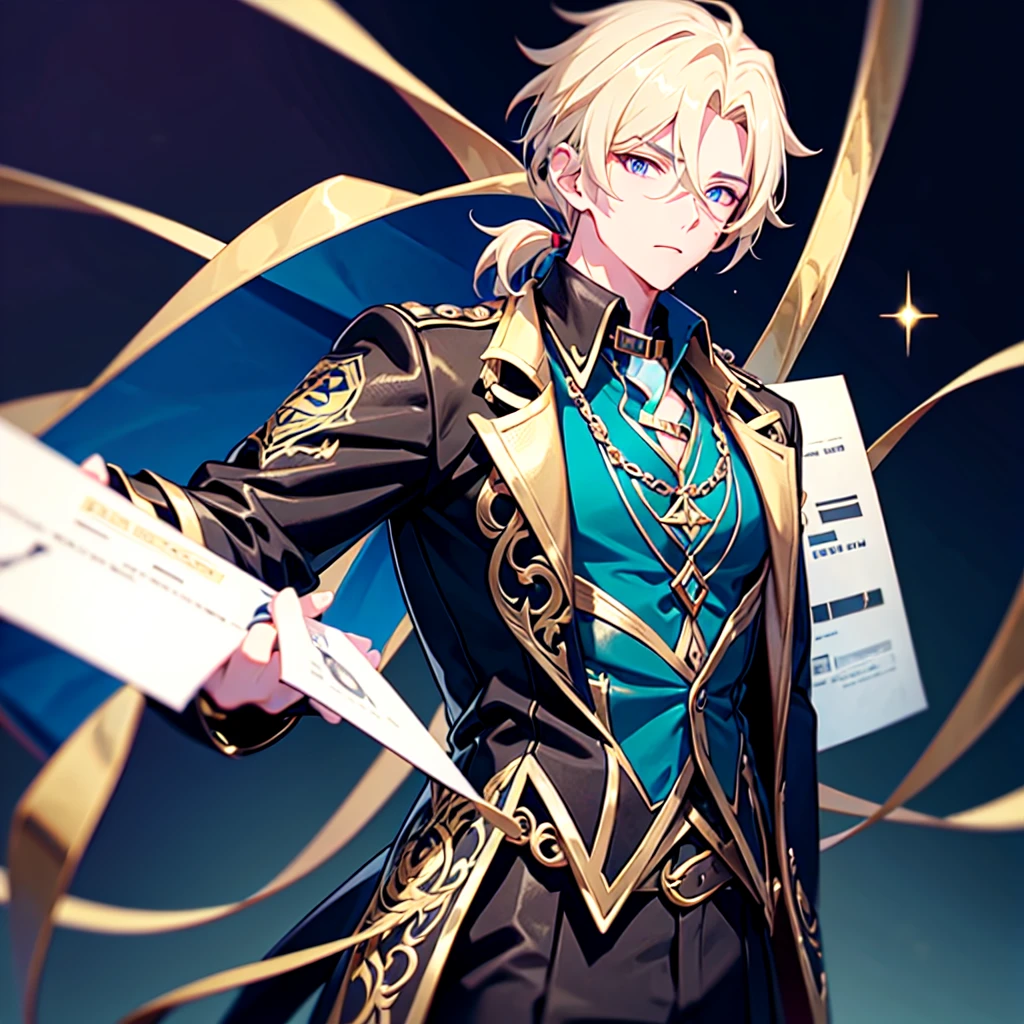 Anime attractive man, 20 year old, blonde hair, very very short ponytail, tall, muscular, solo, one person, dark blue gold-accented high-collared dress shirt with rolled up sleeves, black choker, dark blazer with gold lining and buttons unbuttoned with rolled up sleeves, long dark overcoat with a fur trim, rolled up sleeves, rolled up sleeves, rolled up sleeves, rolled up sleeves muscular, masculine face.