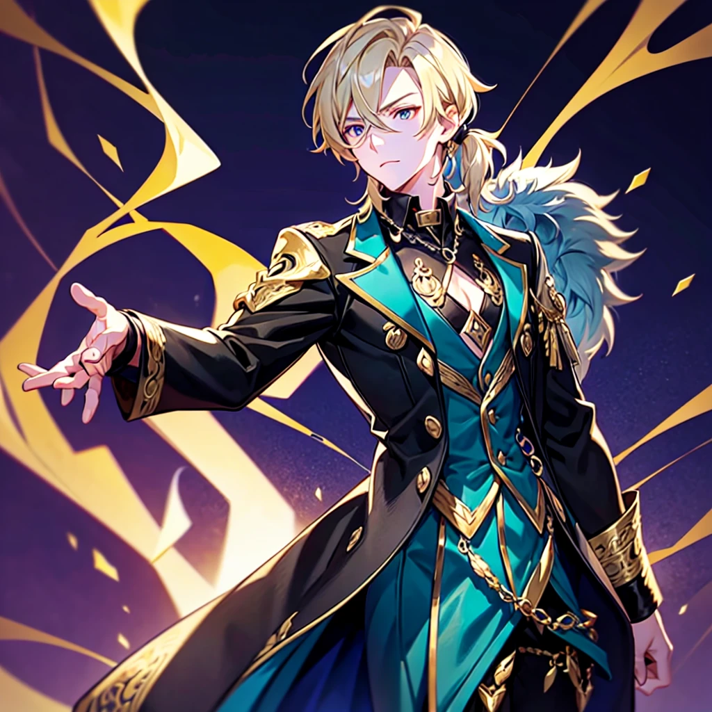 Anime attractive man, 20 year old, blonde hair, very very short ponytail, tall, muscular, solo, one person, dark blue gold-accented high-collared dress shirt with rolled up sleeves, black choker, dark blazer with gold lining and buttons unbuttoned with rolled up sleeves, long dark overcoat with a fur trim, rolled up sleeves, rolled up sleeves, rolled up sleeves, rolled up sleeves muscular, masculine face.