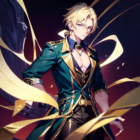 anime attractive man, 20 year old, blonde hair, very very short ponytail, tall, muscular, solo, one person, dark blue gold-accen...