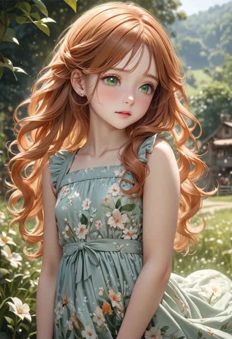 nsfw a shy girl, ginger haired, long wavy hair, innocent expression, piercing green eyes,wearing bucolic floral dress, petite bo...