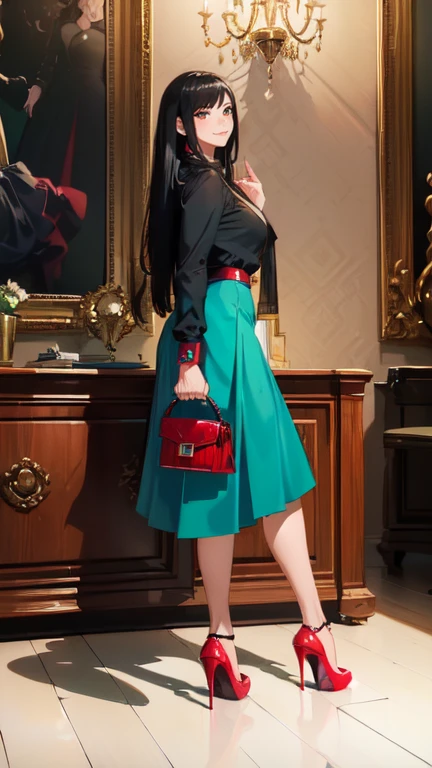 ((masterpiece, high resolution, better quality, better details)), ((Smiling)), ((one girl)) a girl standing, full body, maxi green skirt, blouse,((louboutin high heels)), green eyes , ((black hair, long hair)), shiny skin, ((from behind)), solo, full body, focus full body, high heels, in office, working secretary