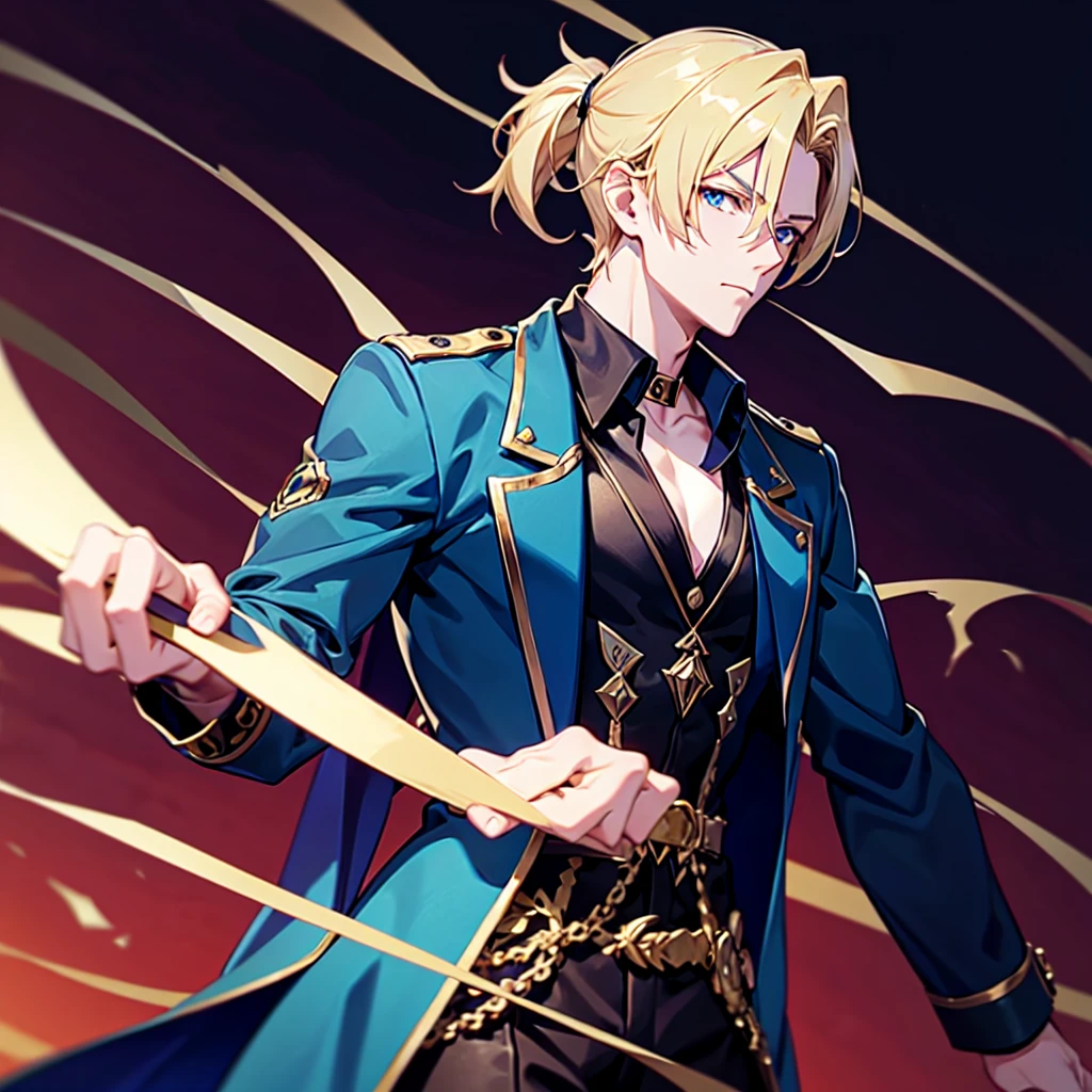 Anime attractive man, 20 year old, blonde hair, very very short ponytail, tall, muscular, solo, one person, dark blue high-collared dress shirt with rolled up sleeves, black choker, dark blazer with gold lining and buttons unbuttoned with rolled up sleeves, long dark overcoat with a fur trim, rolled up sleeves, rolled up sleeves, rolled up sleeves, rolled up sleeves muscular, masculine face.