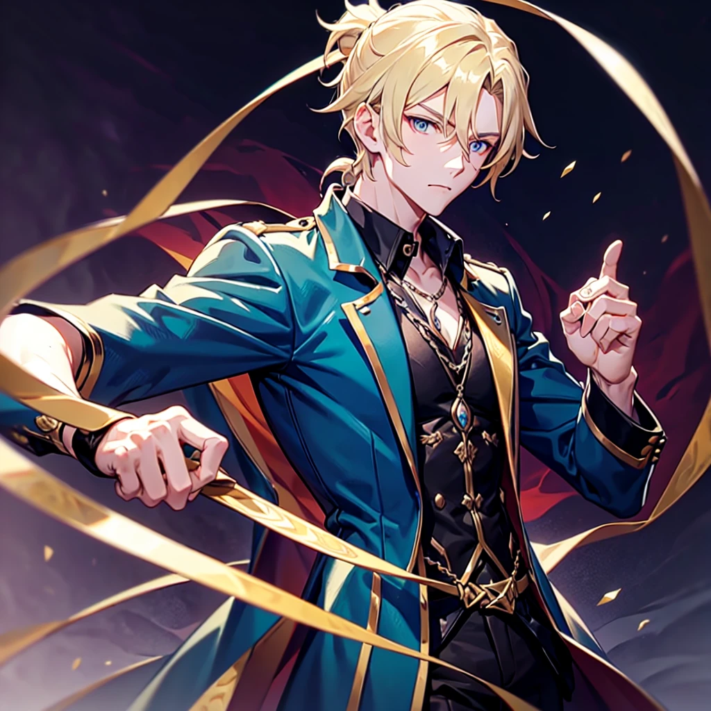 Anime attractive man, 20 year old, blonde hair, very very short ponytail, tall, muscular, solo, one person, dark blue high-collared dress shirt with rolled up sleeves, black choker, dark blazer with gold lining and buttons unbuttoned with rolled up sleeves, long dark overcoat with a fur trim, rolled up sleeves, rolled up sleeves, rolled up sleeves, rolled up sleeves muscular, masculine face.