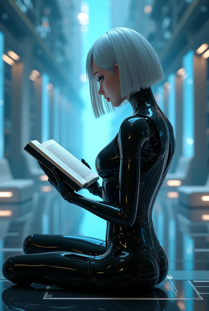 Ultra HD3DCGコンセプトアート. An android girl is reading a book in cyberspace、The girl、From the neck down, Everything is made by machines.、美しい白いhair, short hair、Breathtakingly beautiful blue eyes, Lips and Skin、From the neck downはリアルな黒色で彩られたアンドロイドボディ、Mecha is exposed everywhere、A girl is reading a book that appears as a holographic image in space.、The words you read are absorbed into the space、Realistic texture of the girl&#39;hair、(Super Real Skins:1.3)、Realistic texture of the machine body and glossy mechanism、A realistic representation of cyberspace、Girl&#39;s back view&#39;Bust Focused on Book、Ultra HD、masterpiece、Highest quality、4K、8k、Super detailed、Ultra-fine painting、3D Rendering.Dramatic lighting、Professional Photo Resolution、Award-winning works、
