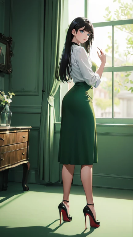 ((masterpiece, high resolution, better quality, better details)), ((Smiling)), ((one girl)) a girl standing, full body, maxi green skirt, blouse,((louboutin high heels)), green eyes , ((black hair, long hair)), shiny skin, ((from behind)), solo, full body, focus full body, high heels, in office, working secretary