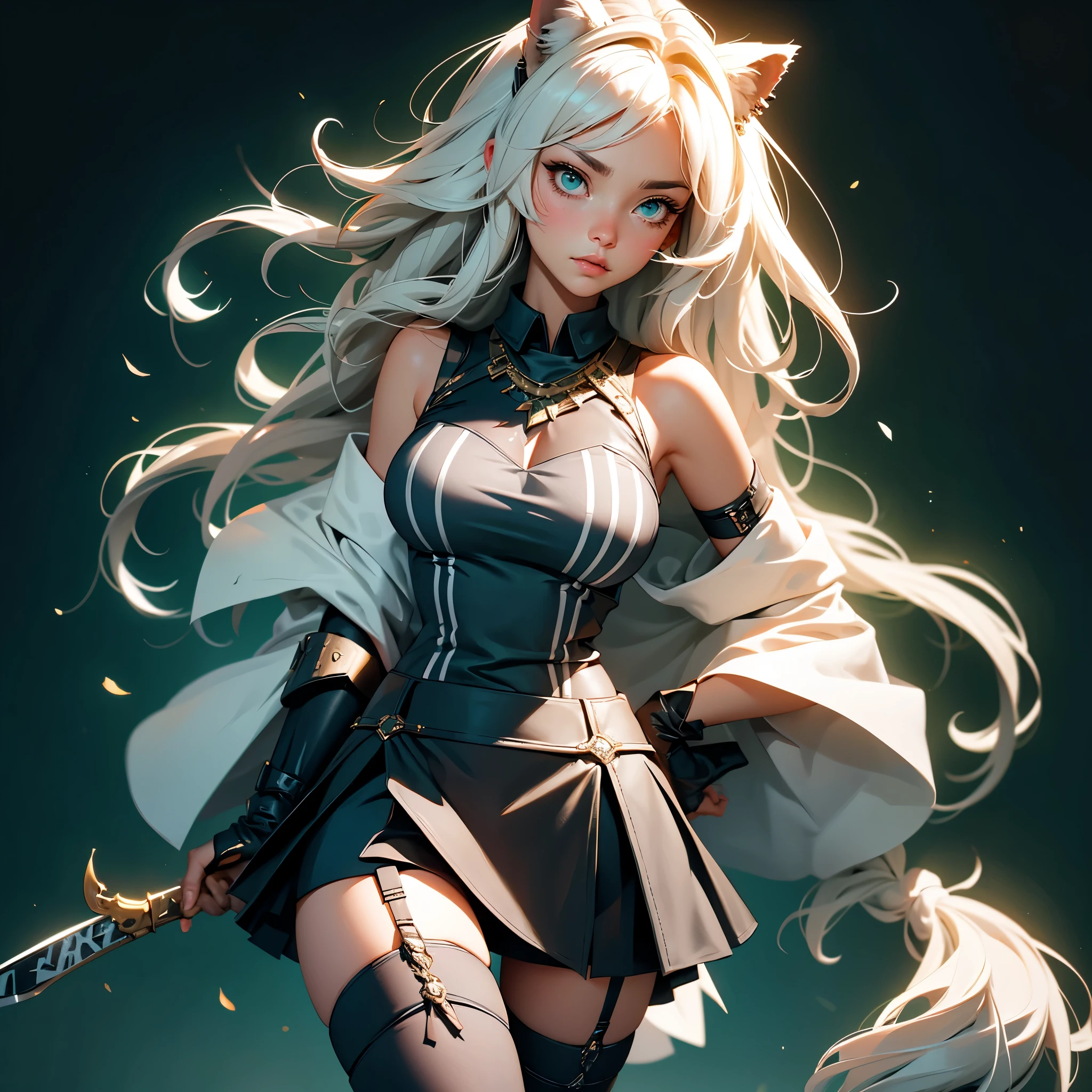 envision a 8k, highres, cinematic, beautiful extreme close up portrait of a Sexy mature woman milf with big breasts with long White hair, long bangs, animal ears, green eyes, Riot Gear, Sleeveless shirt, animal tail, Tight Tactical Skirt, One Thighhigh sock, garter belt, Long Leather Boots, (((1girl)))), in dark lighting, against a dark gray background