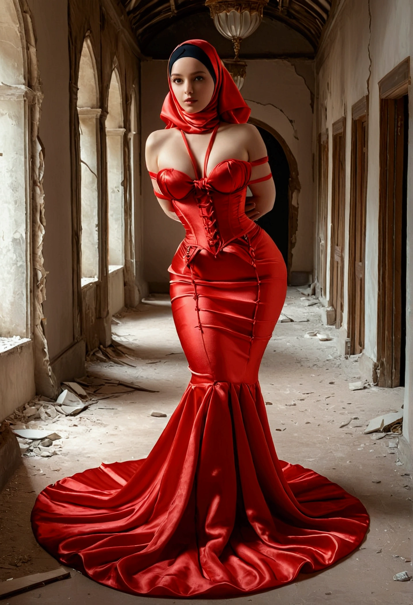 A woman clad in 10 meters of luxurious red satin, wearing a corset, large breasts, perky nipples, tight clothing from the waist to the thighs and a poof-shaped bottom of the dress, tied tightly and magnificently draped along her body shape. , 4 meters long flowing dress tail on the floor, styled with mermaid inspired clothing, her head is simply veiled in a satin hijab, 185cm tall woman, walking in an old damaged building, full body pose conveying an elegant impression, caught on camera in resolution 4k, very realistic