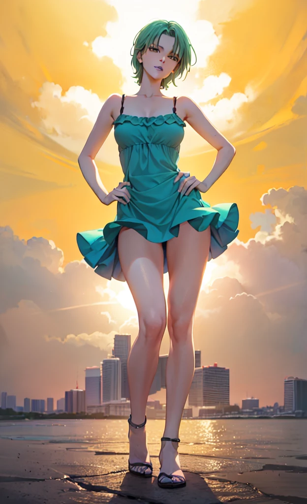 masterpiece, best quality,  fourmurasame, green eyes, purple lipstick, (yellow sundress:1.1), monocromatic background  edgYSD,woman wearing a yellow sundress, skyline, aqua hair