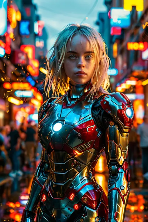 billie eilish as iron man, bustling street, (inspired by mass effect), iron man suit, safety rating, breast enlargement, fat but...