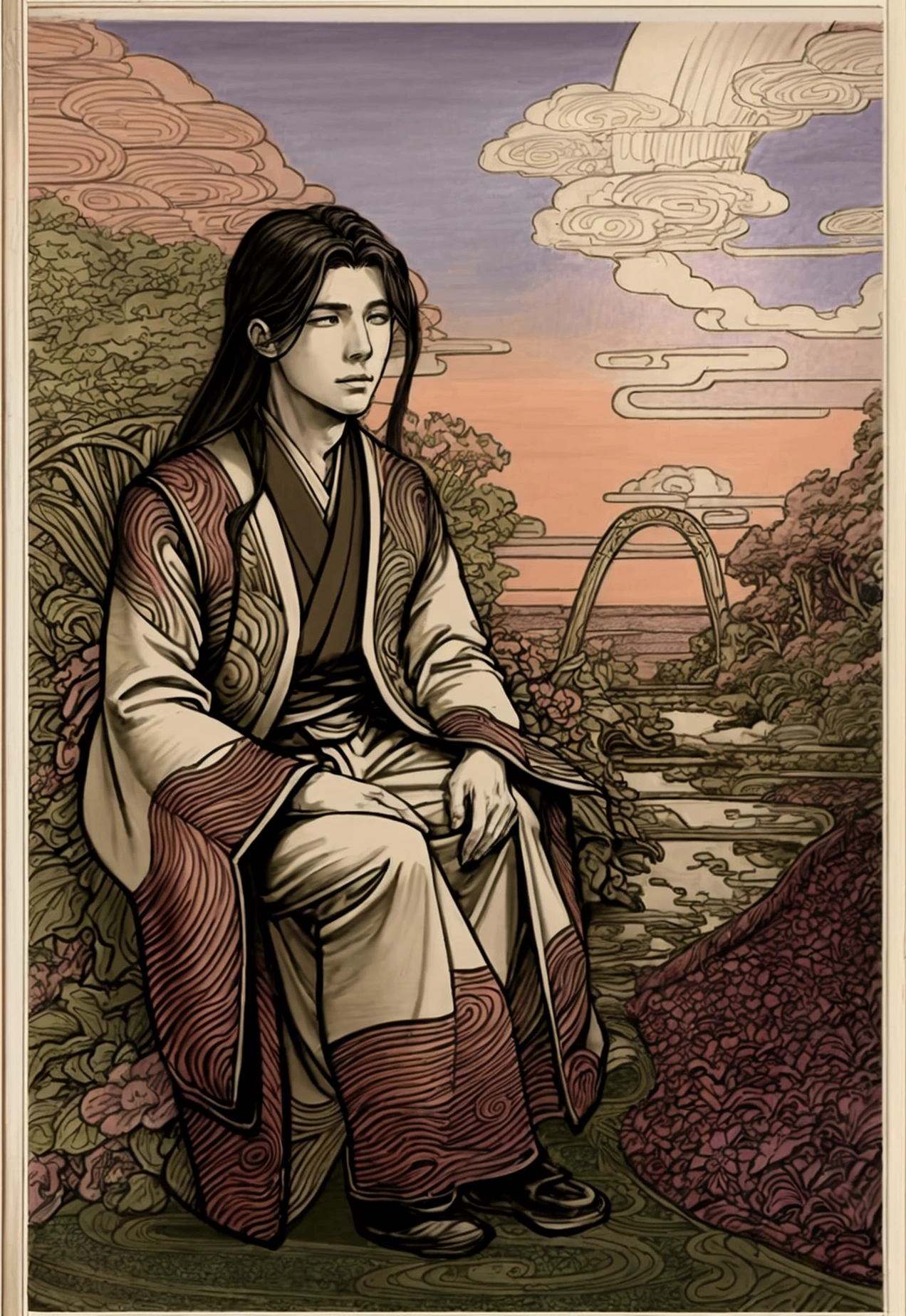 art nouveau style, handsome guy 15-20 years old, long hair, kimono, chinese painting, fantasy, god, garden, clouds, flowers, flying, detailed, line art, frame on image