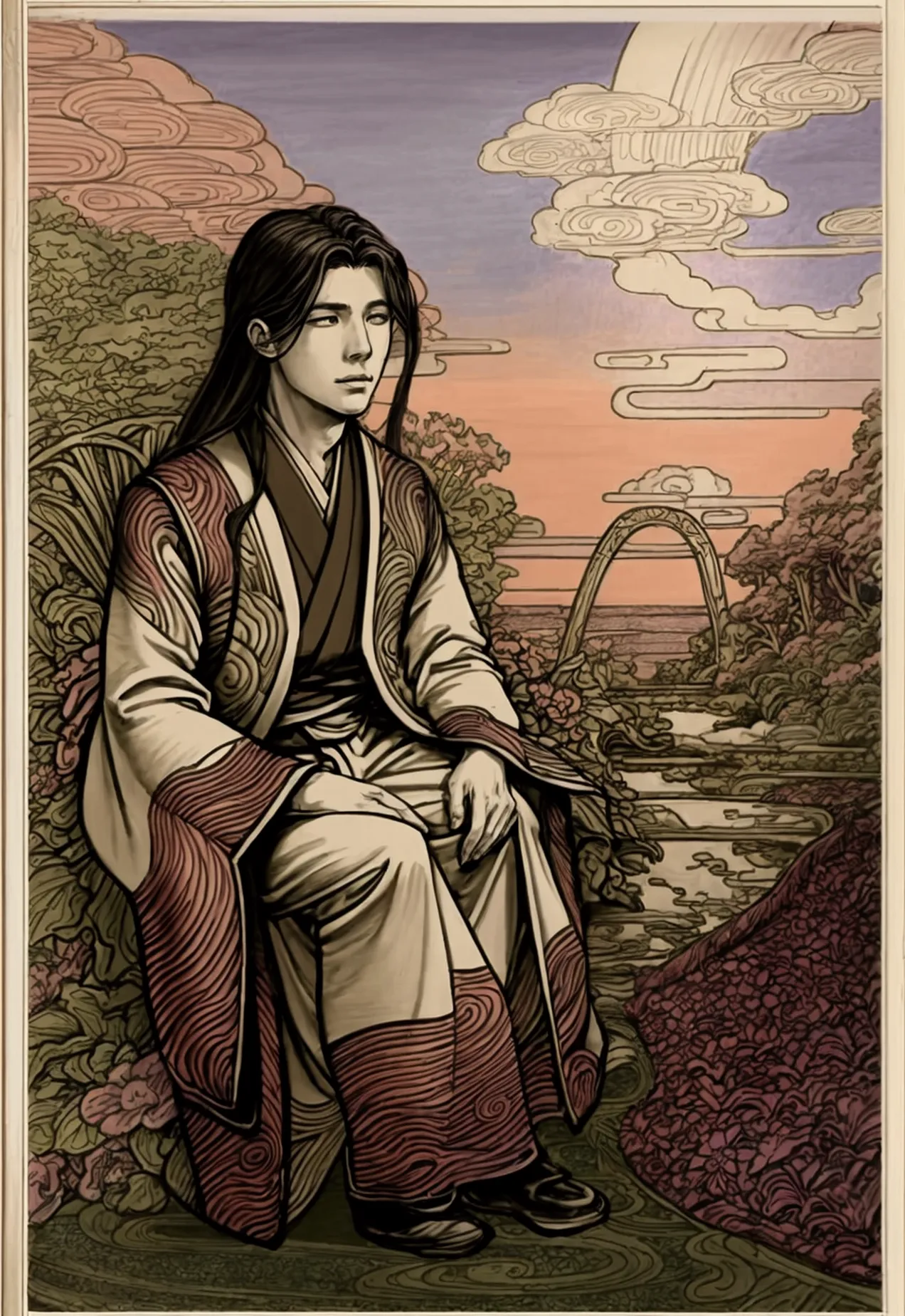 art nouveau style, handsome guy 15-20 years old, long hair, kimono, chinese painting, fantasy, god, garden, clouds, flowers, fly...