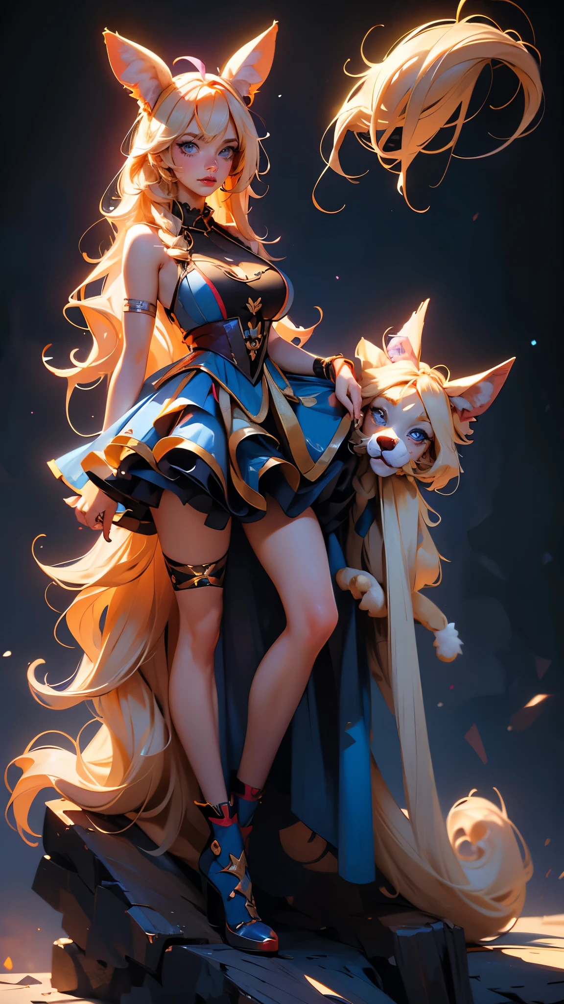 envision a 8k, highres, cinematic, beautiful Full Body Splash Art of a mature woman with big breasts with crazy blonde hair, long bangs, multicolored hair, animal ears, blue eyes, clown make up, Riot Gear, Sleeveless dress, animal tail, (((1girl))), in dark lighting, against a dark gray background