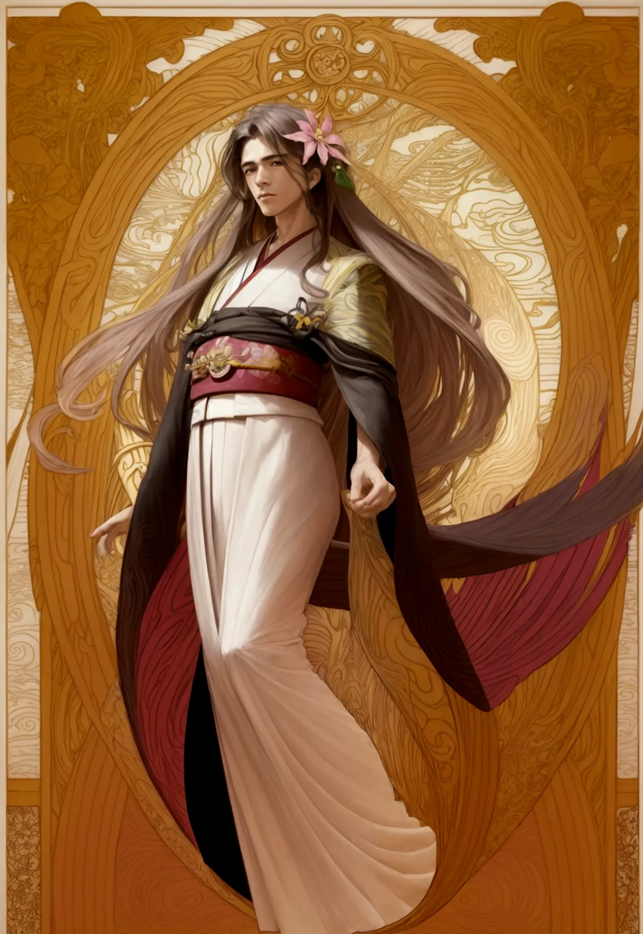 art nouveau style, handsome guy 15-20 years old, long hair, hair fluttering and intertwined with clouds, kimono, kimono flutteri...