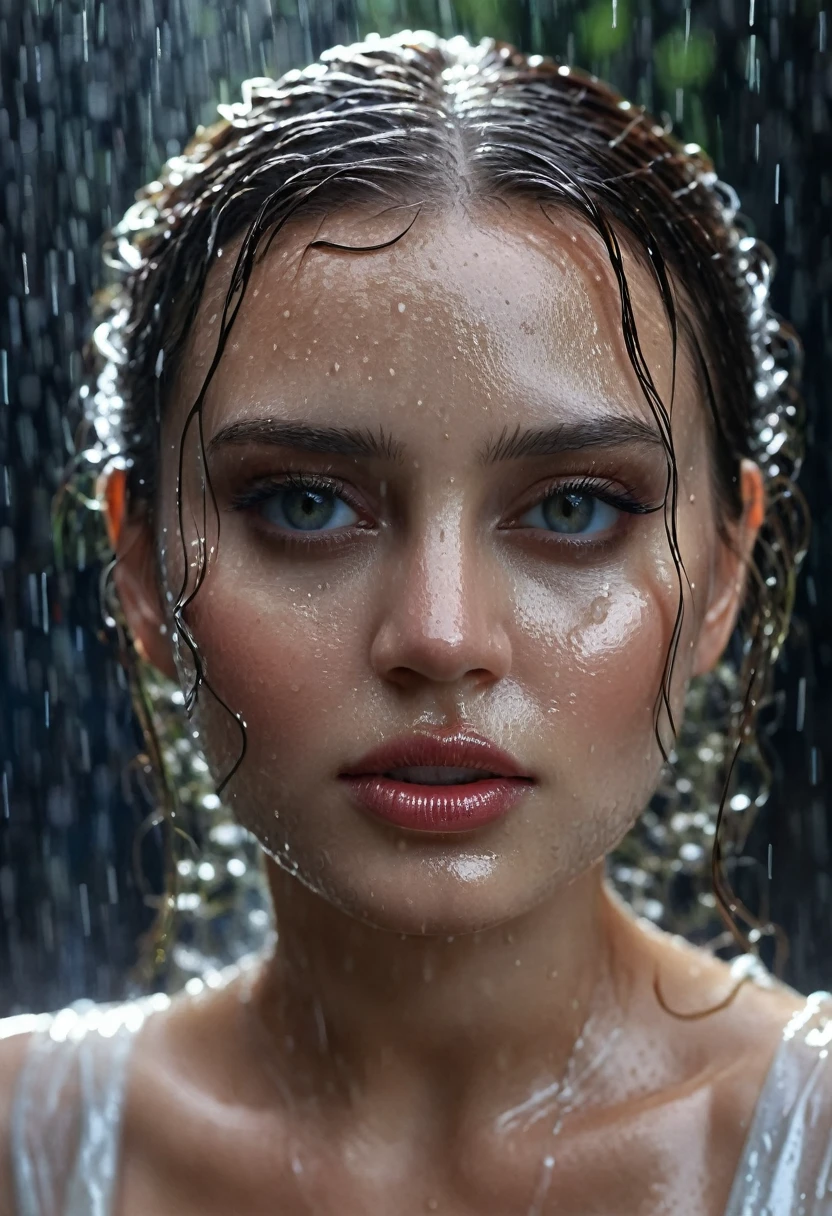 hot woman, a woman in a wet white luxury dress, rain, hot woman, detailed face, beautiful eyes, beautiful lips, beautiful skin, highly detailed, photorealistic, 8k, hyper detailed, masterpiece, cinematic lighting, dramatic shadows, powerful pose, dynamic action, heroic, epic, cinematic